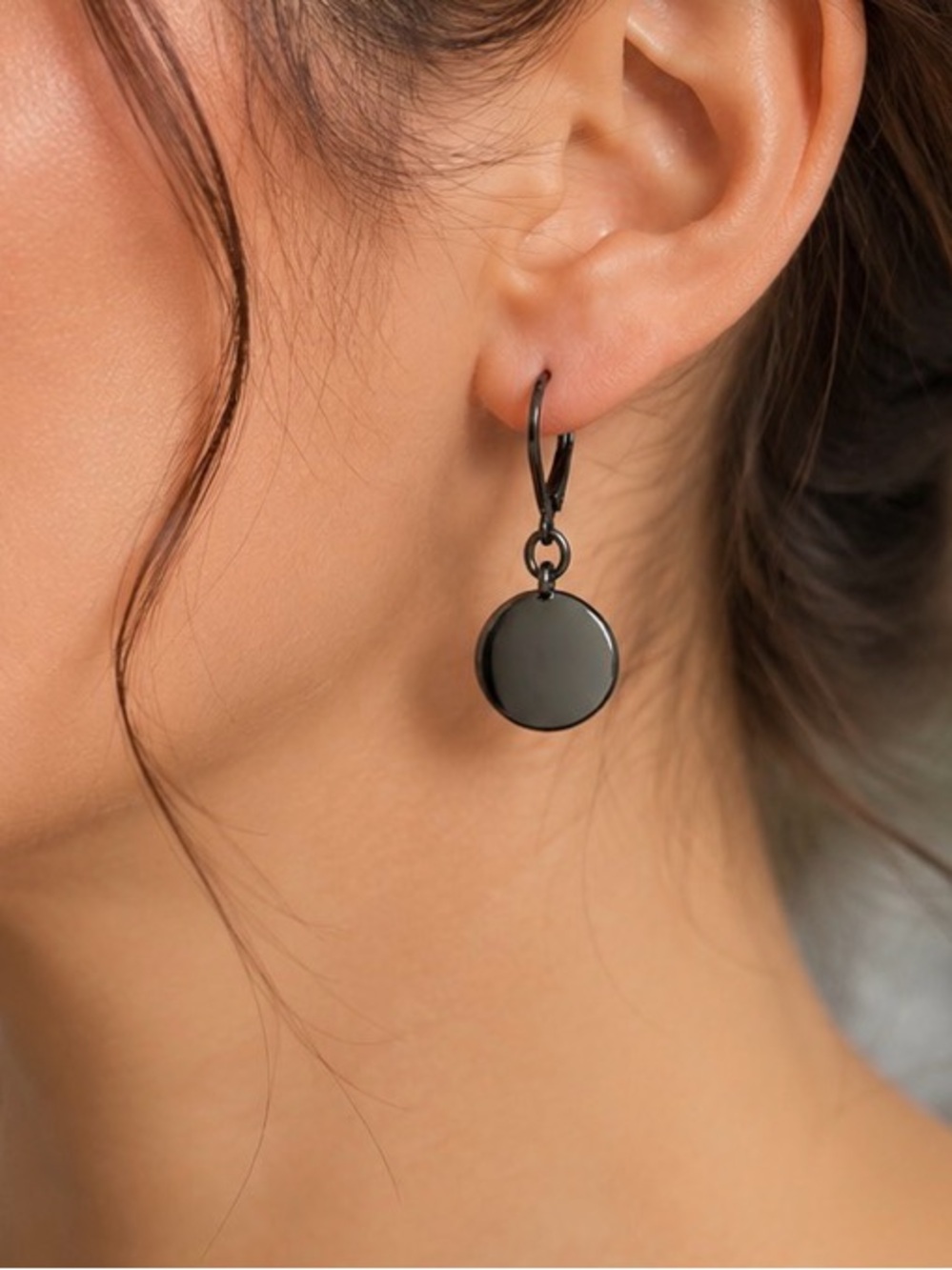 Gunmetal Mirror Disc Leverback Earrings IS Hallmarked Minimalist Sleek Dangle